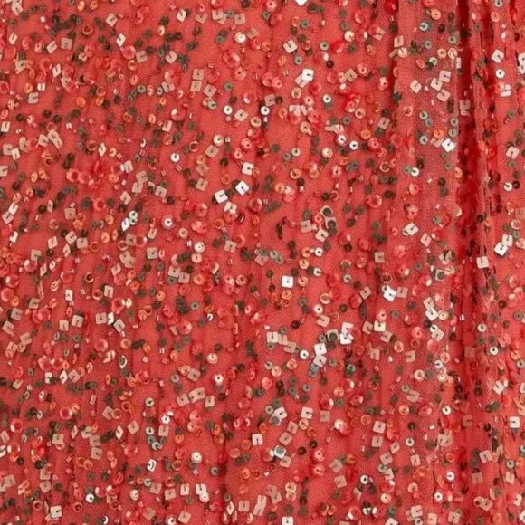 Mac Duggal 5640 Size 10 Coral Orange Sequin Draped Sleeve V-Neck Gown Maxi Dress - Picture 5 of 5